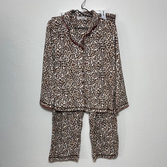 Ellen Tracy Other - Ellen Tracy 2 Piece Pajama Set Womens Large Fleece Brown Cheetah Print Sleepwear